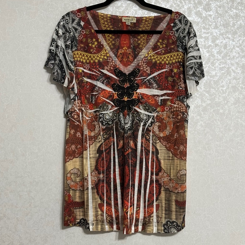 One World Butterfly Lace Applique Paisley Print Flutter Sleeve Top Red Multi 1X